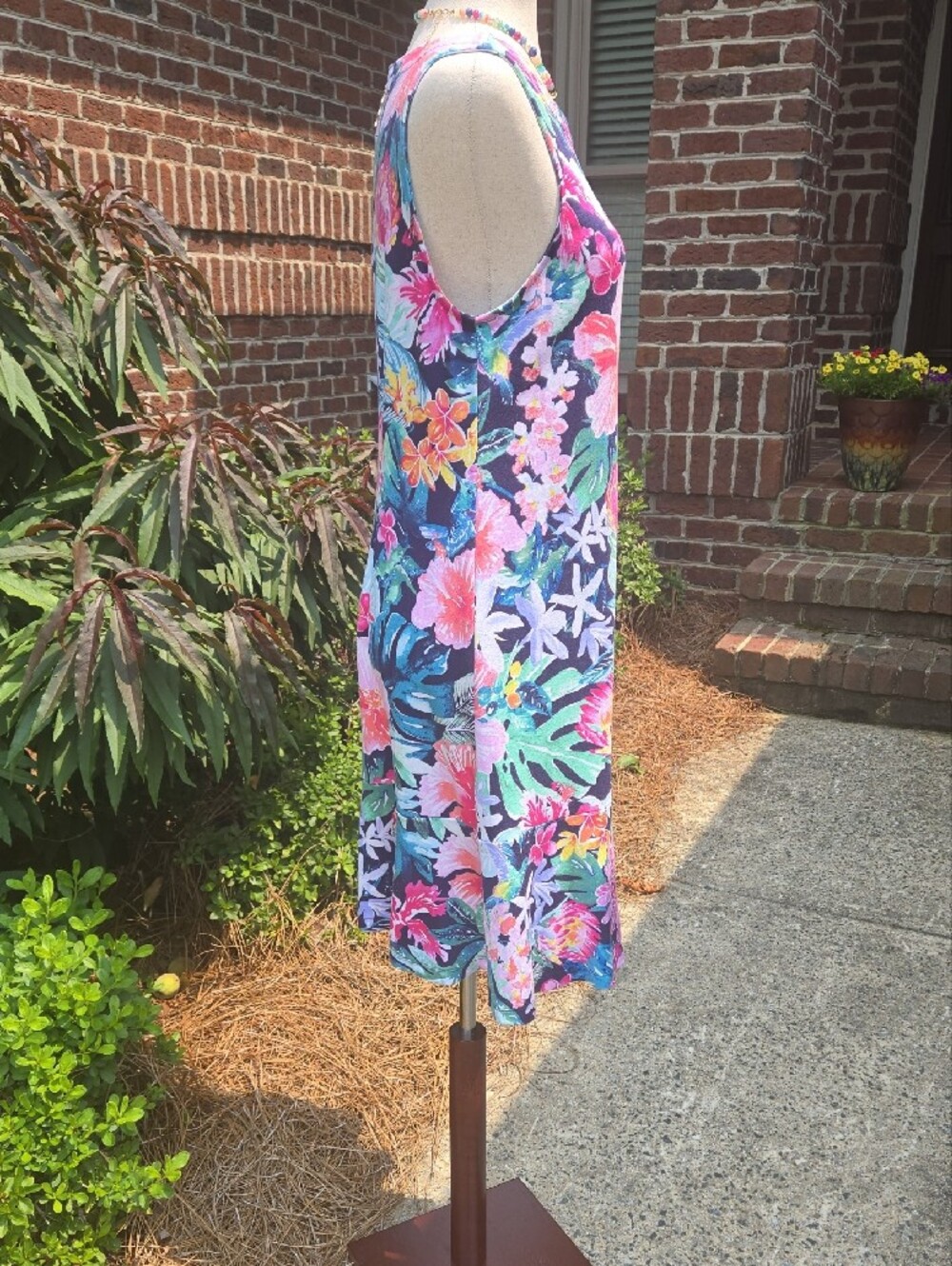 Tommy Bahama Tropical Floral Sleeveless A-Line Dress - Navy Background - Picture 6 of 10